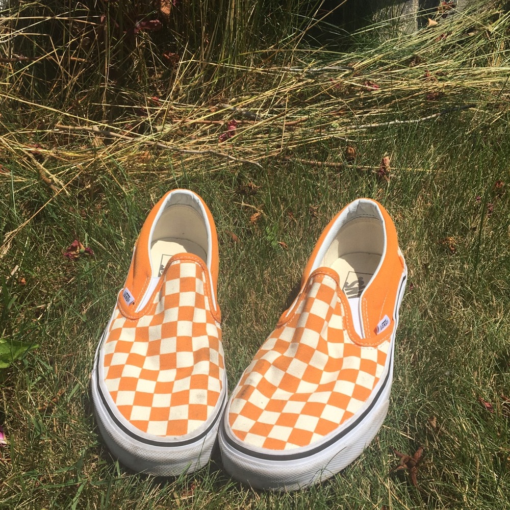 Orange Checkered Vans Slip Ons - 8.5